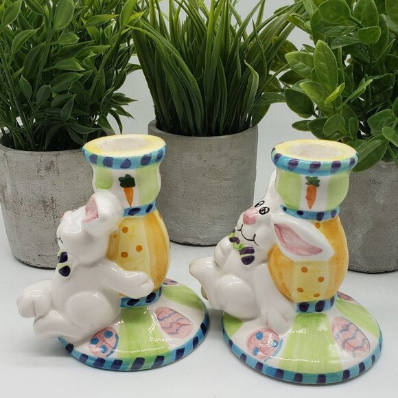Easter Rabbit Ceramic Hand Painted Candle Stick Holders Set of 2 - Picture 6 of 7